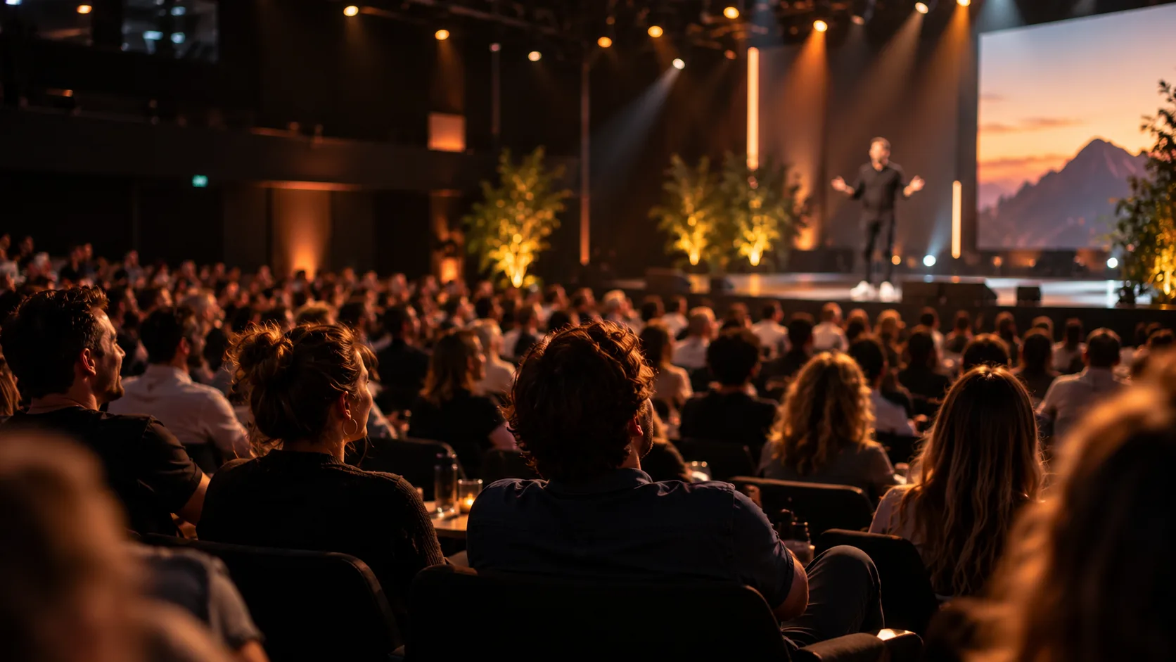 A full house at a FLAME live event — the audience watching a speaker on stage beneath a sunset mountain screen