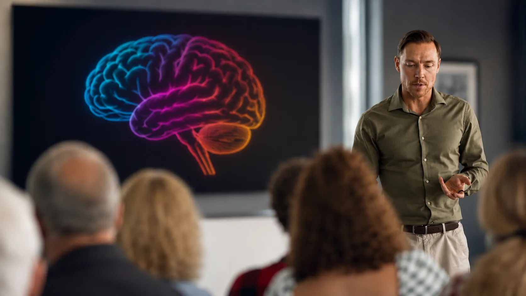 Bradley Hook presenting beside a glowing image of the human brain