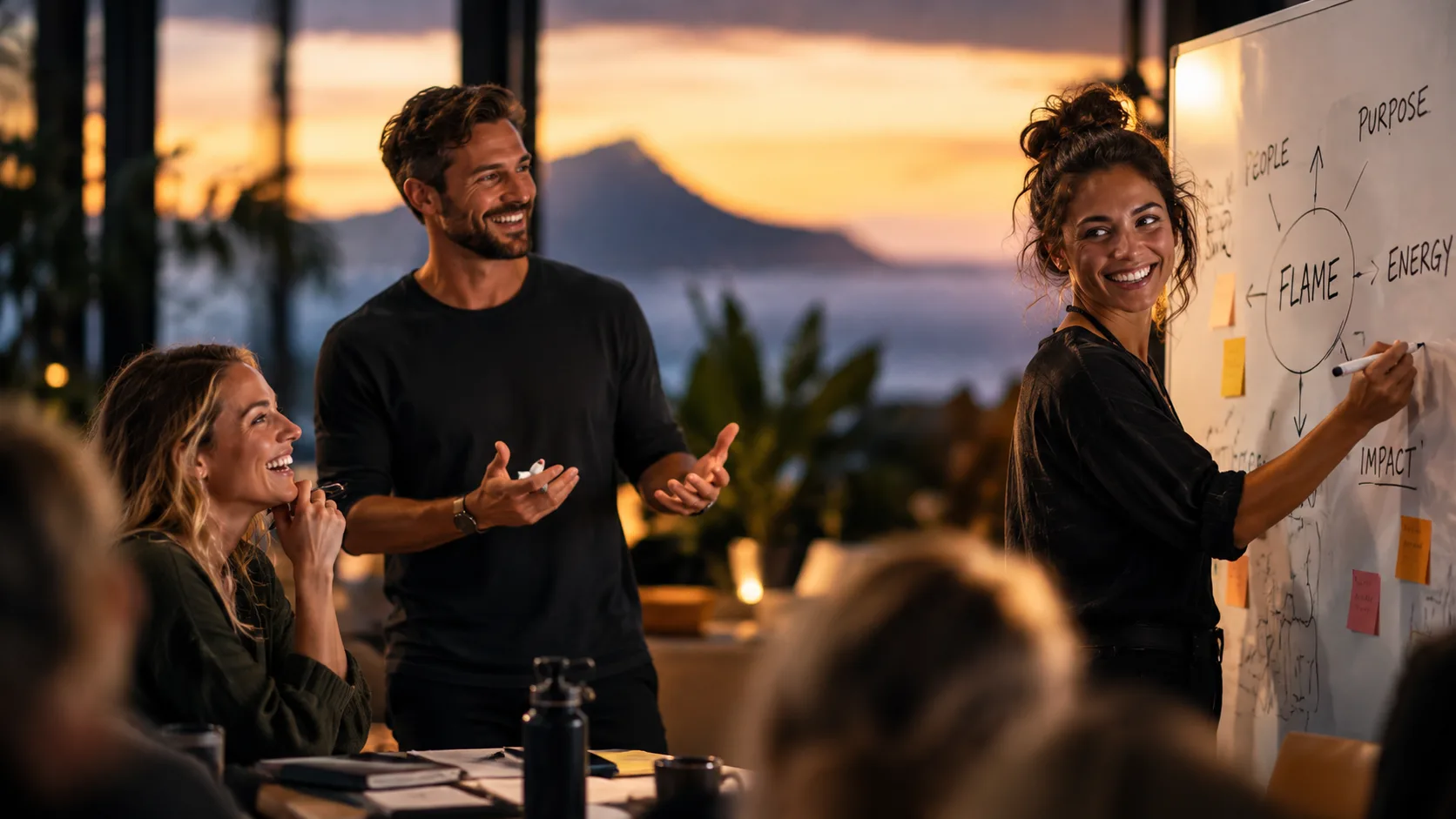 A FLAME workshop at sunset — a facilitator maps people, purpose, energy and impact around FLAME on a whiteboard