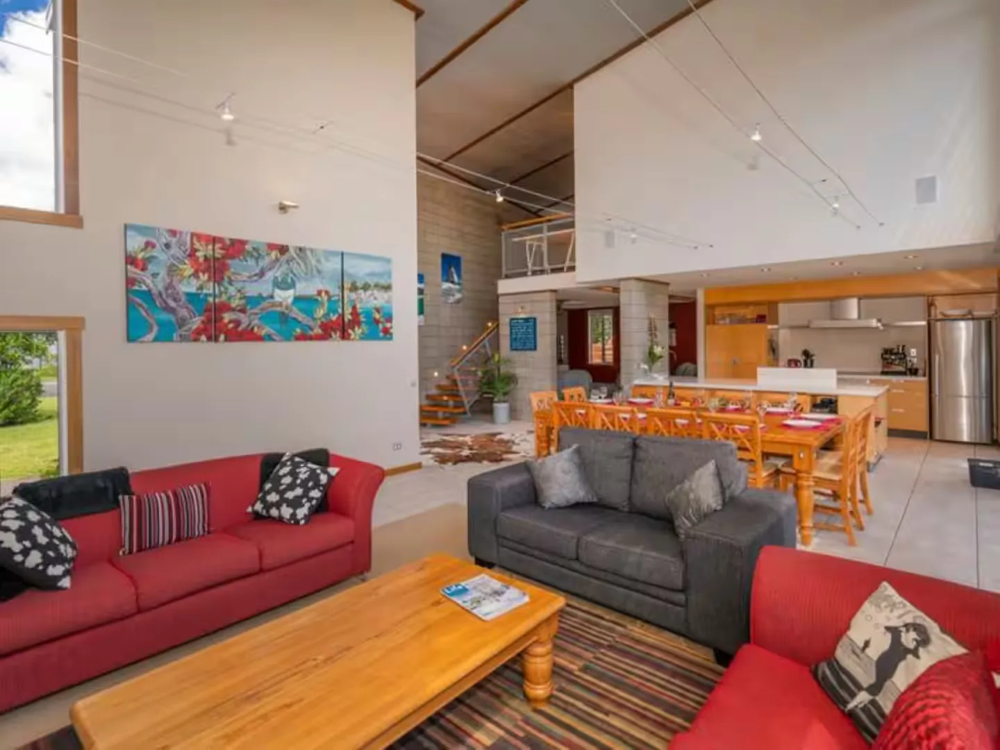 The open-plan living and dining space at the retreat house
